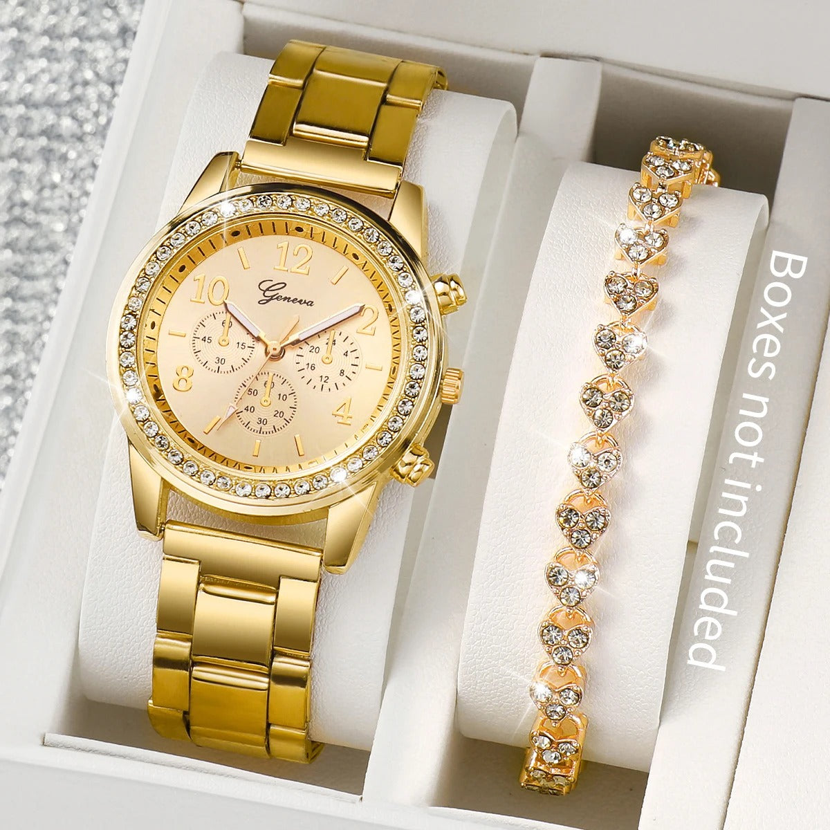 Women Steel Gold Color Quartz Watch & Diamond Bracelet